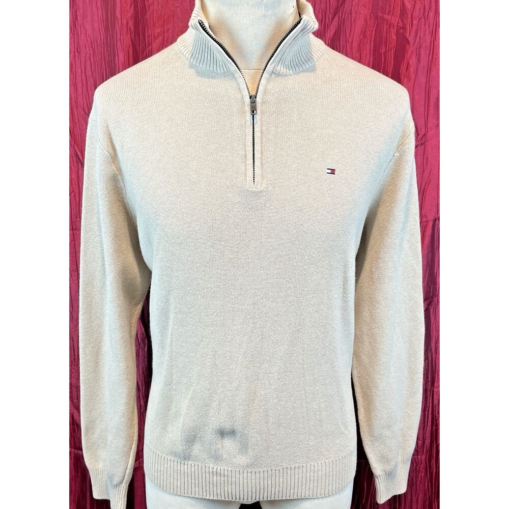 Mens Tommy Hilfiger 1/4 Zip Tan Cotton Knit Pullover Sweater sz Lg